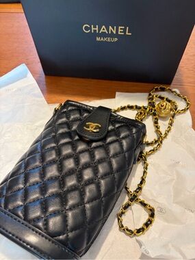 CHANEL Beauty Black Quilted Leather Mini Crossbody with Gold-Tone Chain
